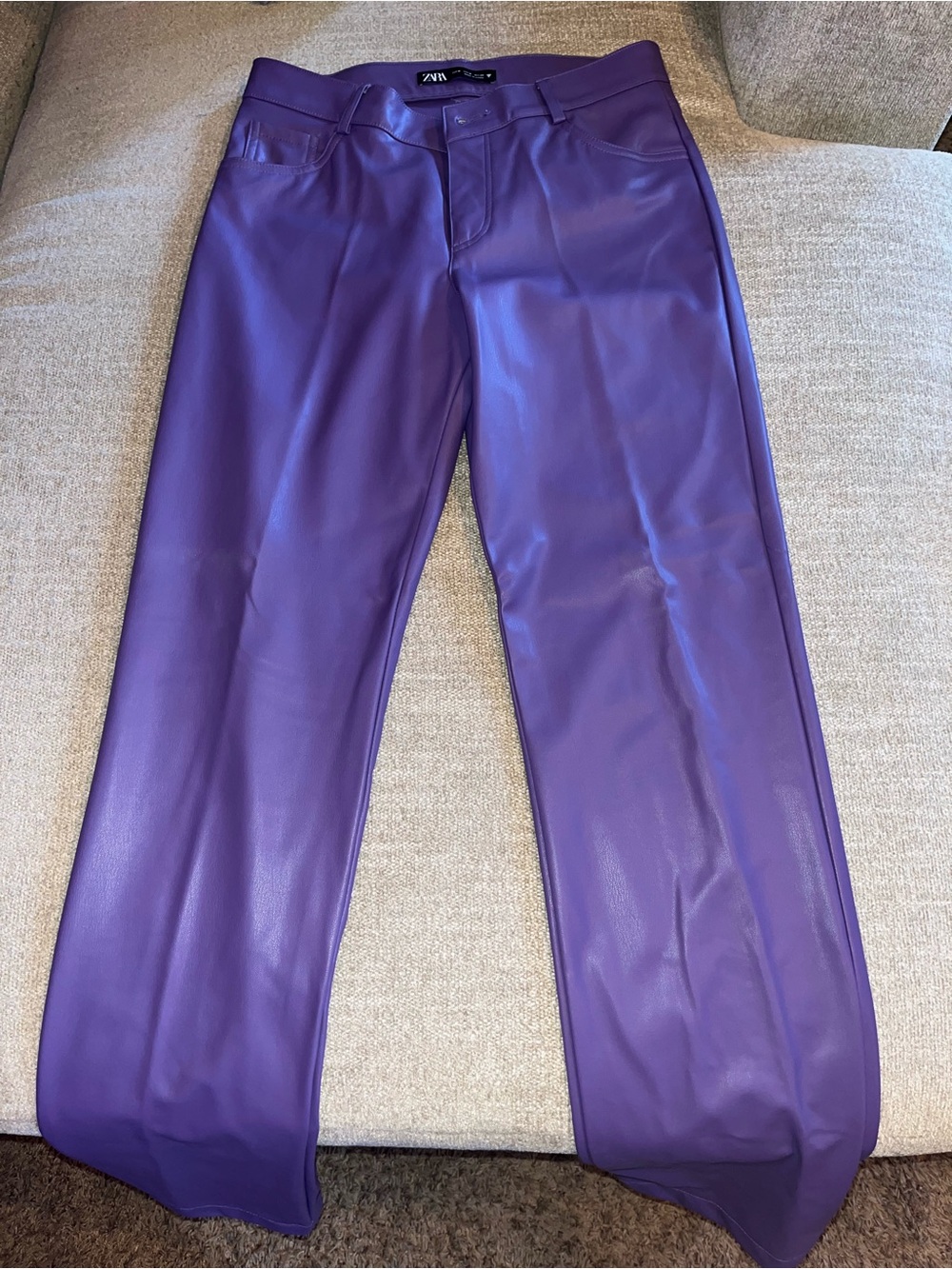 Zara Women's Purple Faux Leather Straight Leg Pants